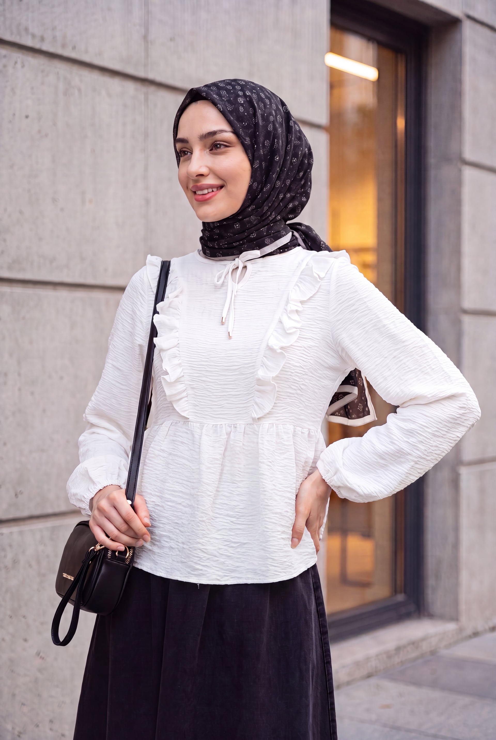 Crinkled Tie-Front Ruffle Blouse with Elasticated Cuffs - White - Podyumplus - by Peralane