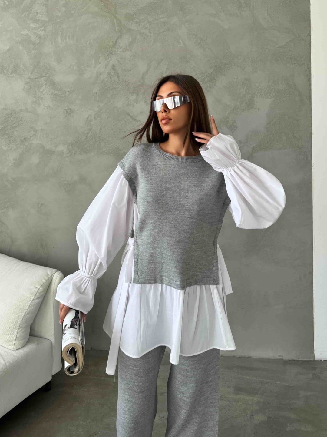 Grey Knit Two-Piece Set with Shirt Layer and Wide-Leg Trousers - My Bee - by Peralane - photo 2