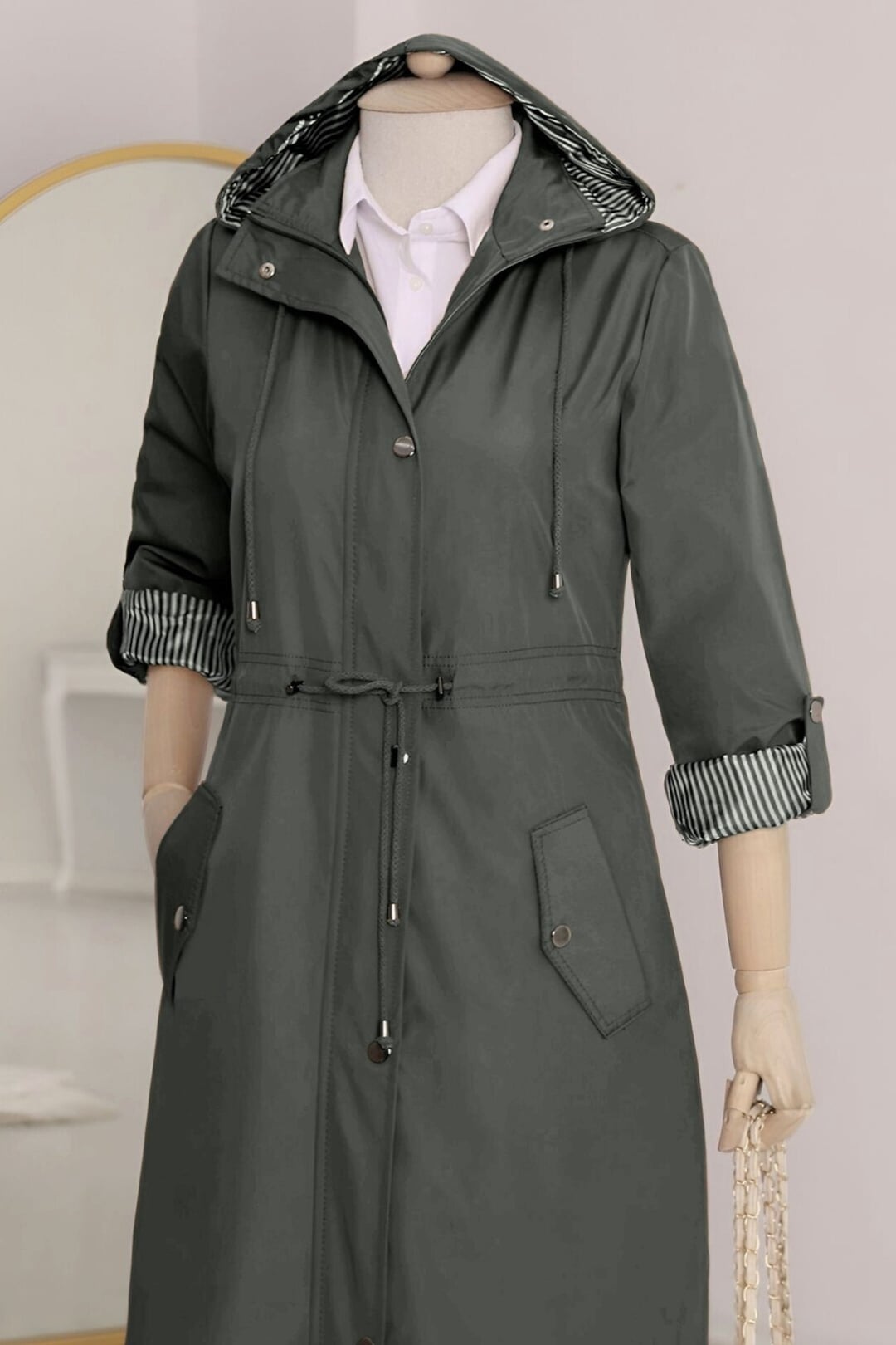 Women's Hooded Trench Coat with Striped Lining - Olive - Podyumplus - by Peralane - photo 8