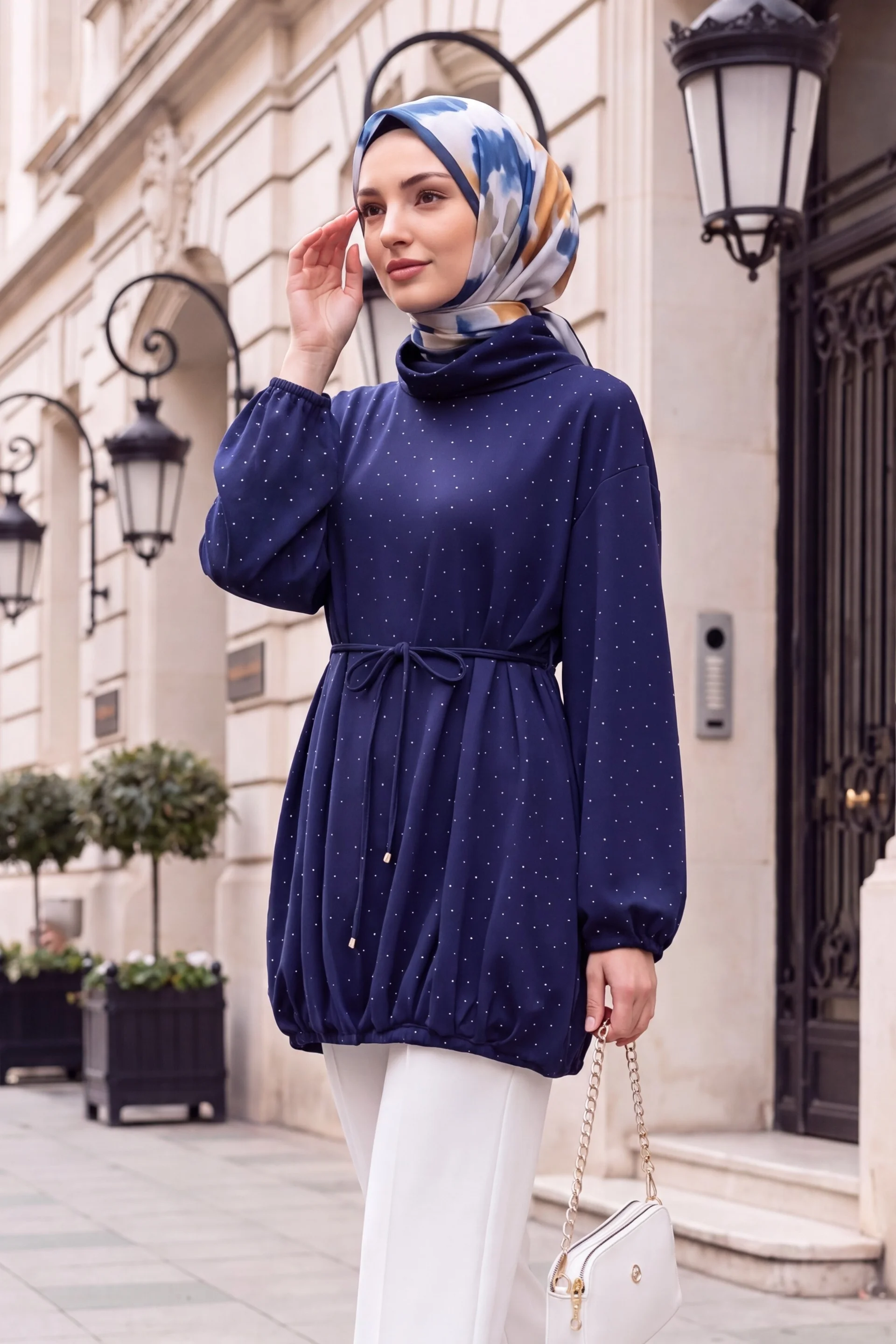 Navy Polka Dot Drawstring Waist Sweatshirt Dress with Half Collar - Podyumplus - by Peralane
