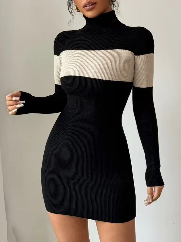 Women's Long-Sleeved Turtleneck Ribbed Knit Dress with Cream and Black Stripes - Janes - by Peralane - photo 9