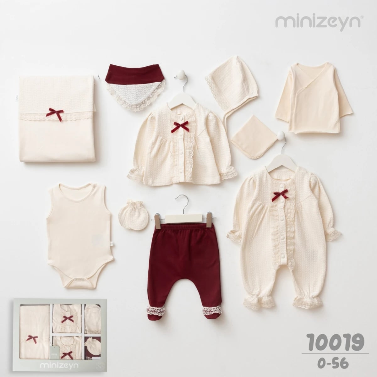 Victoria Girl 10-Piece Newborn Layette Set in Cream and Burgundy - Minizeyn - by Peralane