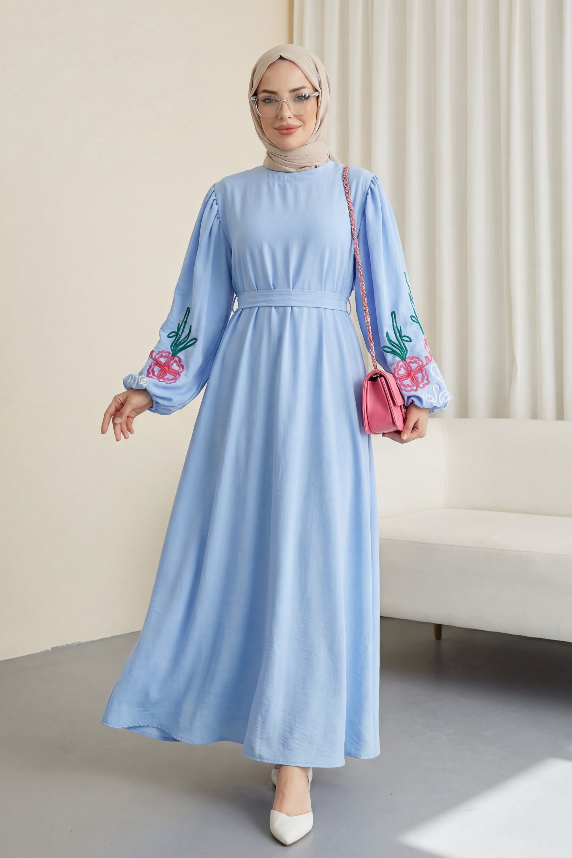 Balloon Sleeve Embroidered Belted Dress - Blue - Podyumplus - by Peralane