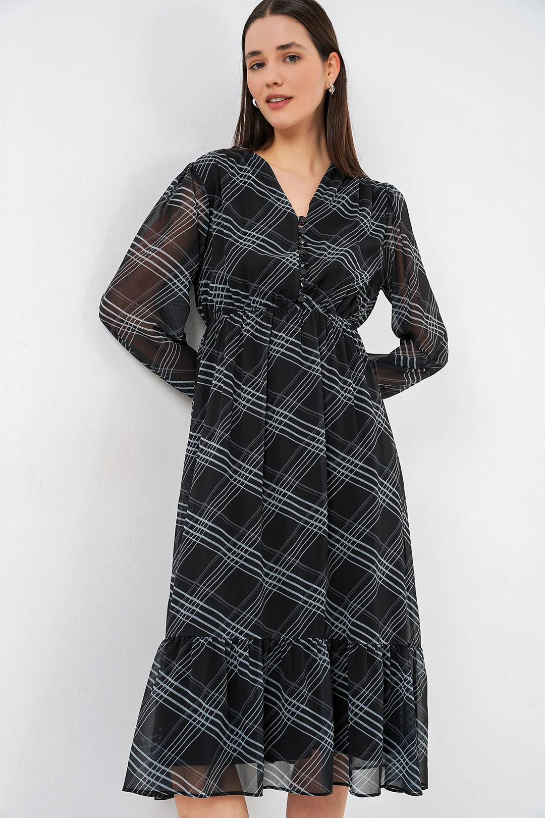 Patterned Chiffon Dress with Sheer Sleeves - Light Grey - Bigdart - by Peralane