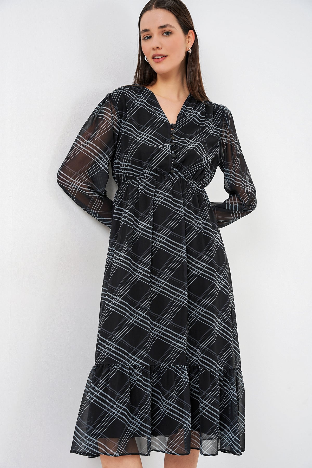 Patterned Chiffon Dress with Sheer Sleeves - Light Grey - Bigdart - by Peralane