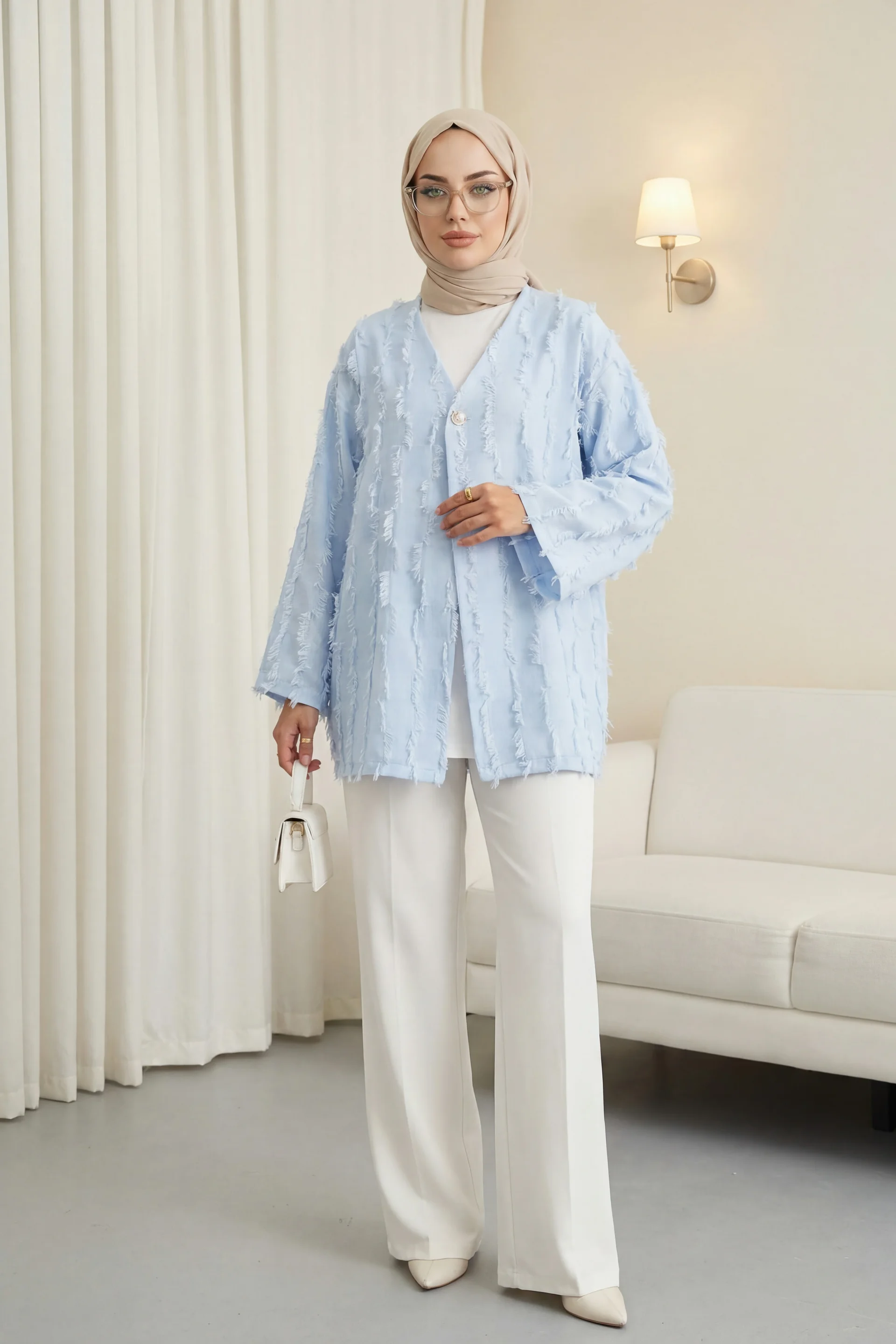 Fringed Single-Button Check Pattern Kimono - Baby Blue - Podyumplus - by Peralane - photo 2