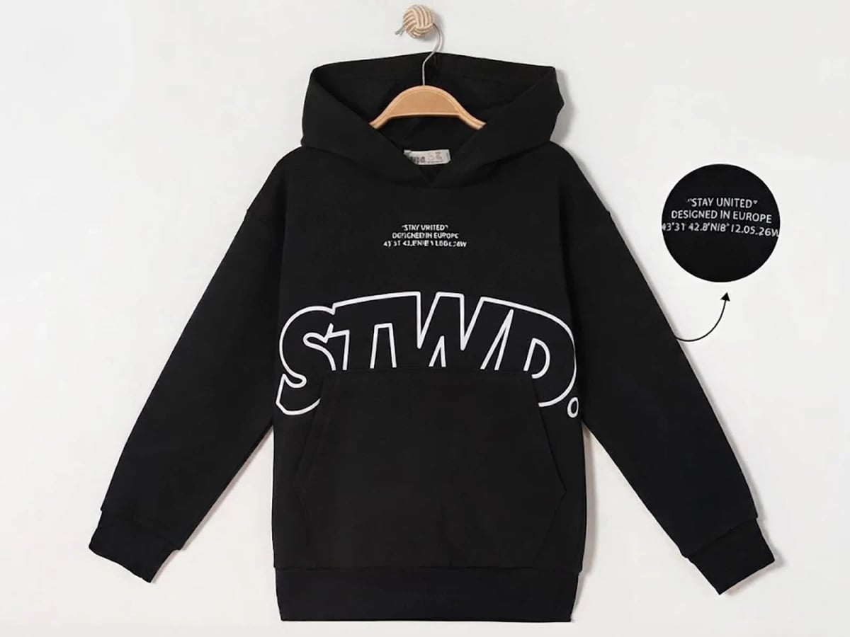 Boys' Printed Kangaroo Pocket Hooded Sweatshirt - Black - Ruhat Kids - by Peralane