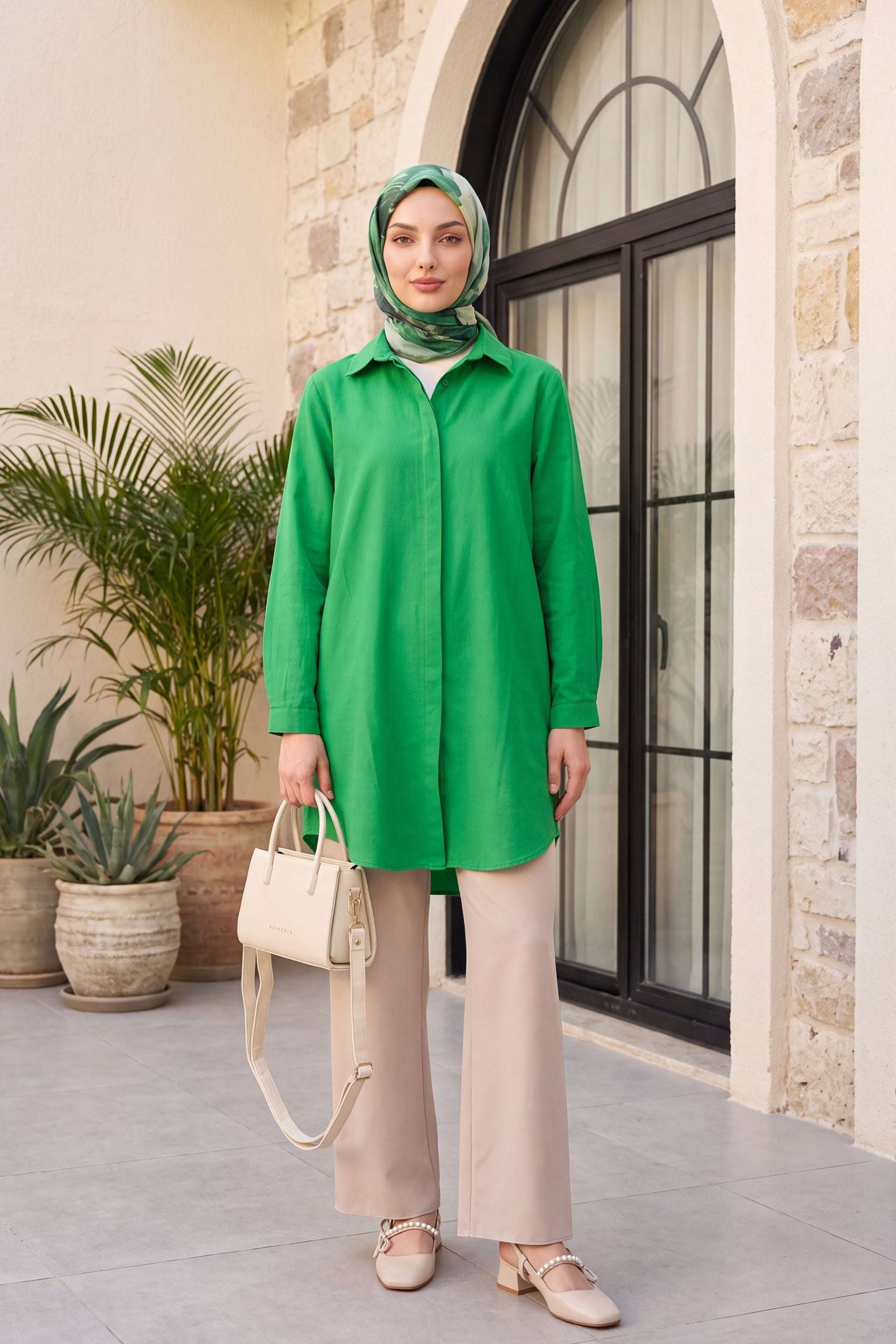 Hidden Button Oval Cut Long Tunic - Green - Podyumplus - by Peralane - photo 6