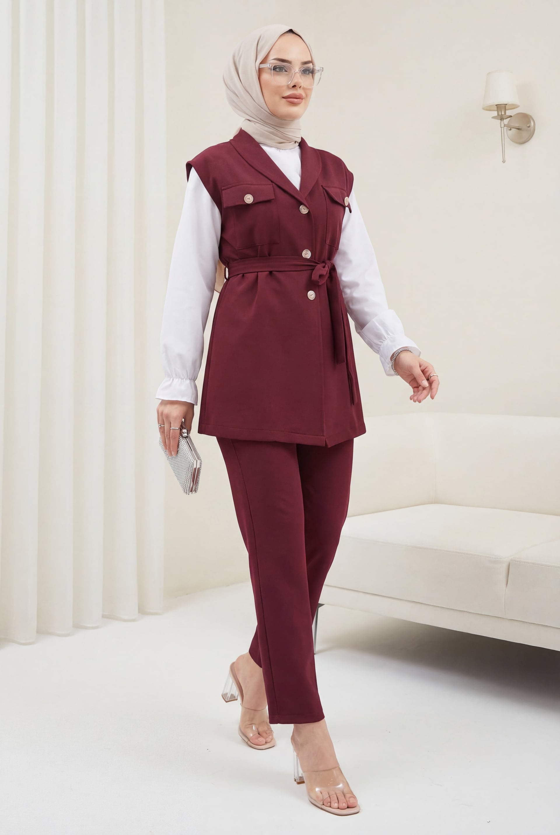 Women's Sleeveless Vest and Trousers Co-ord Set in Bordeaux - Podyumplus - by Peralane