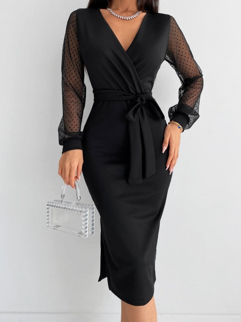 Women's Long Sleeve V-Neck Wrap Dress with Polka Dot Sleeves and Belted Waist - Janes - by Peralane - photo 7