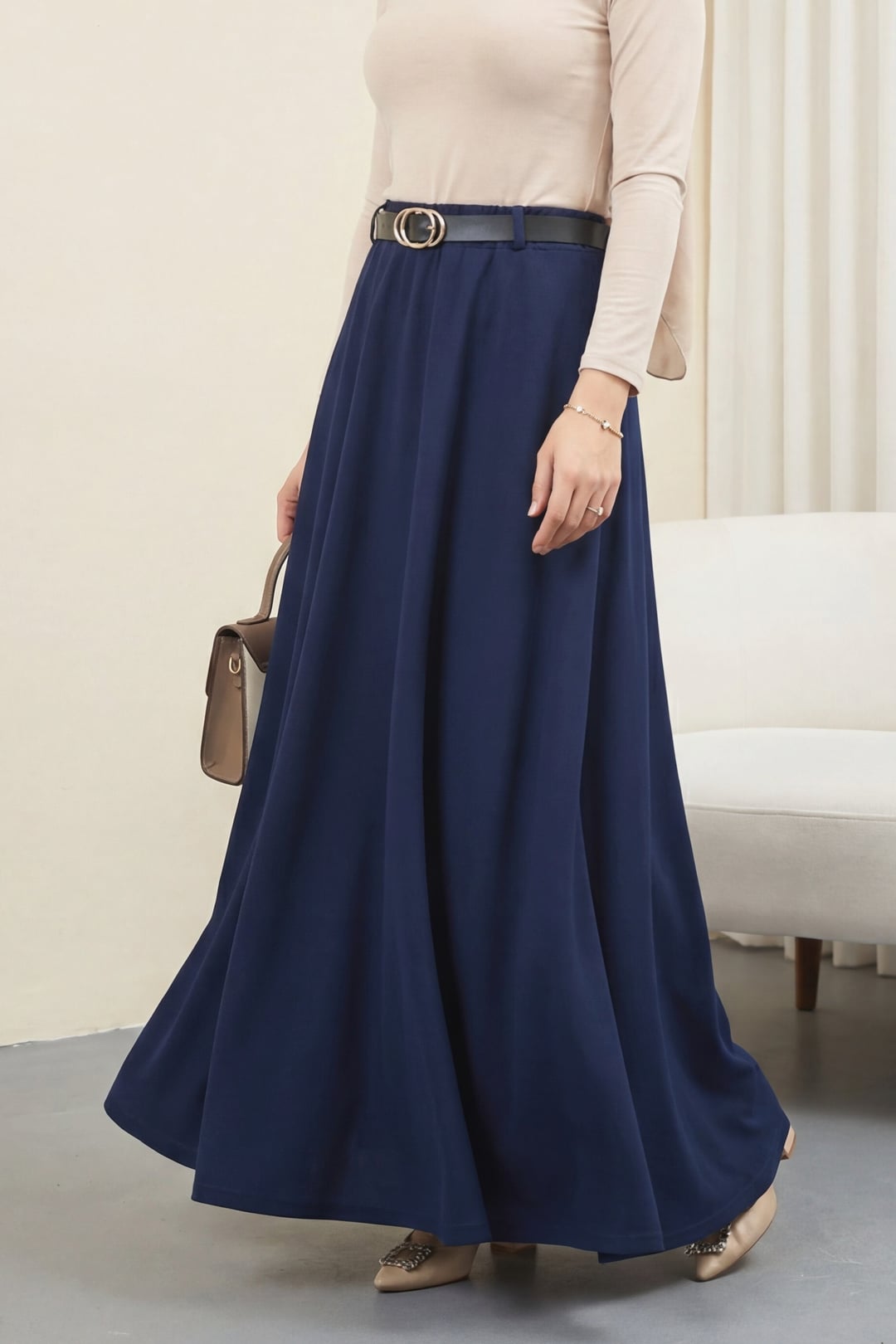 Navy Blue Elastic Waist Belted Flowy Skirt - Women's Maxi Skirt - Podyumplus - by Peralane