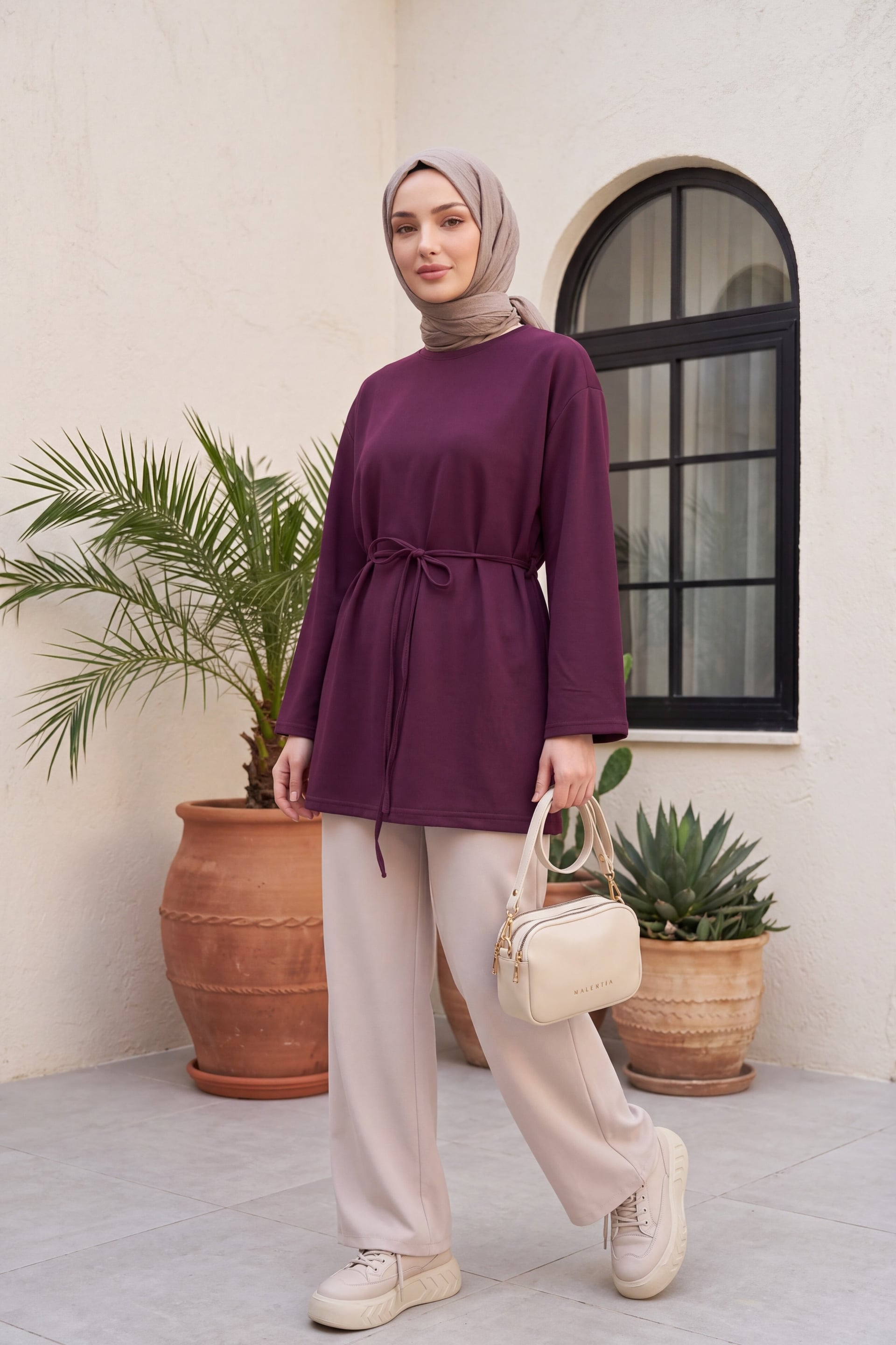 Plum Round Neck Self-Tie Waist Tunic - Podyumplus - by Peralane - photo 2