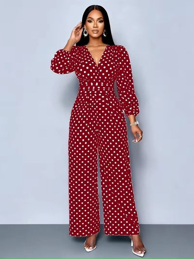 Women's Long-Sleeve Wrap V-Neck Belted Wide-Leg Polka Dot Jumpsuit - Janes - by Peralane