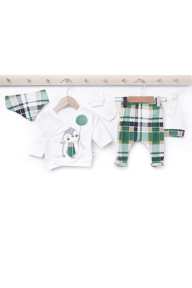 Newborn Baby Boy 5-Piece Plaid Set with Penguin Print Wrap Top - 0-3 Months - Minizeyn - by Peralane
