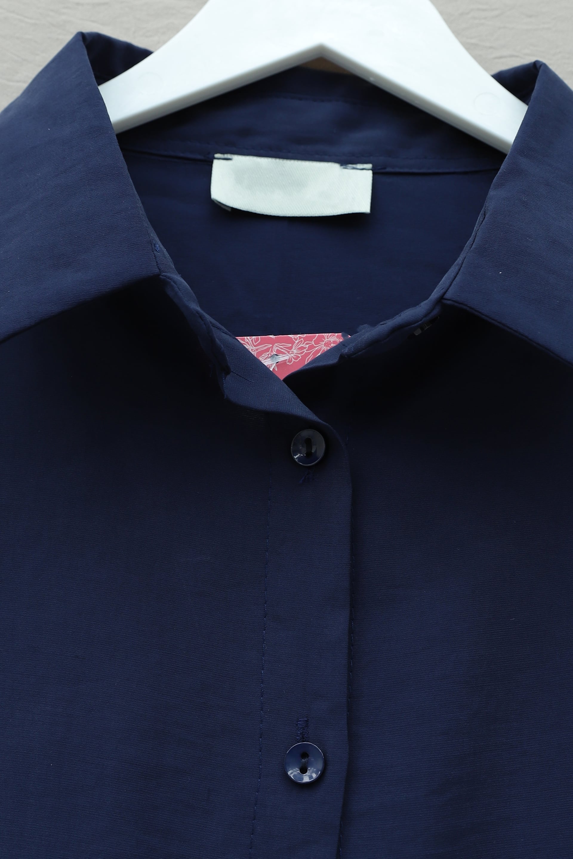 Navy Blue Collared Long-Sleeve Blouse with Bead Embellished Shoulders and Slit Detail - Podyumplus - by Peralane - photo 6