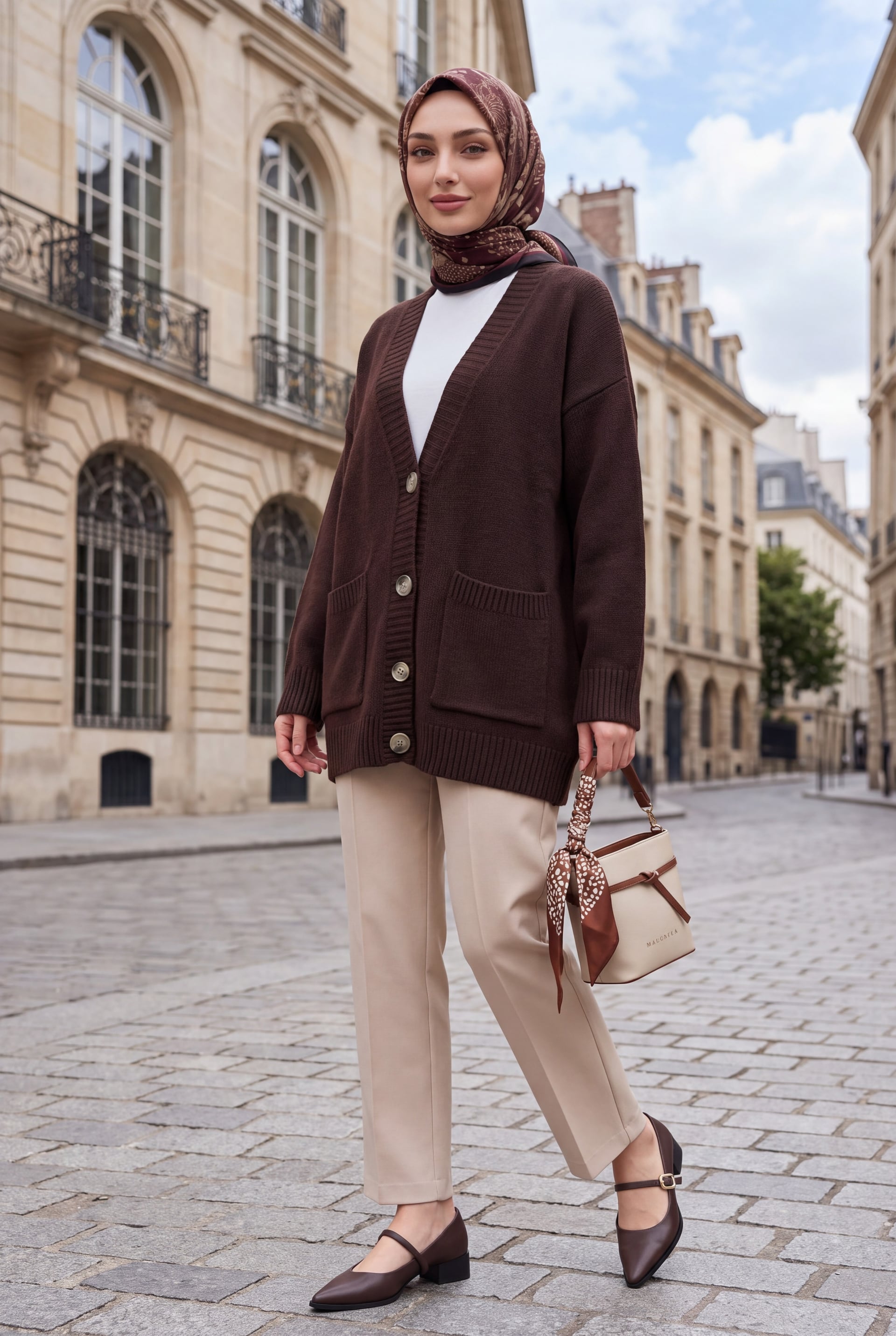 Button-Front Double-Pocket Relaxed Knit Cardigan - Dark Brown - Podyumplus - by Peralane - photo 4