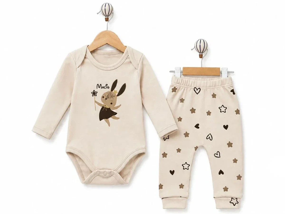 Bunny Print Star Pattern Baby Girl Set - Beige - Supermini - by Peralane