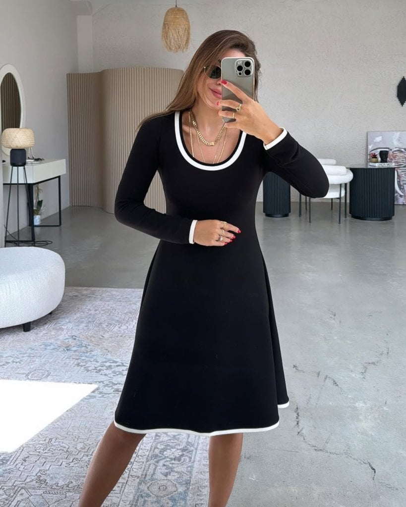 Women's Long-Sleeved Round Neck Midi Viscose Two-Thread Dress - Black - Janes - by Peralane