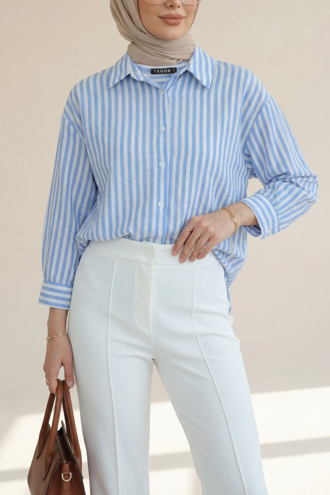 Full-Length Button Striped Linen Look Shirt - Blue - Podyumplus - by Peralane - photo 7
