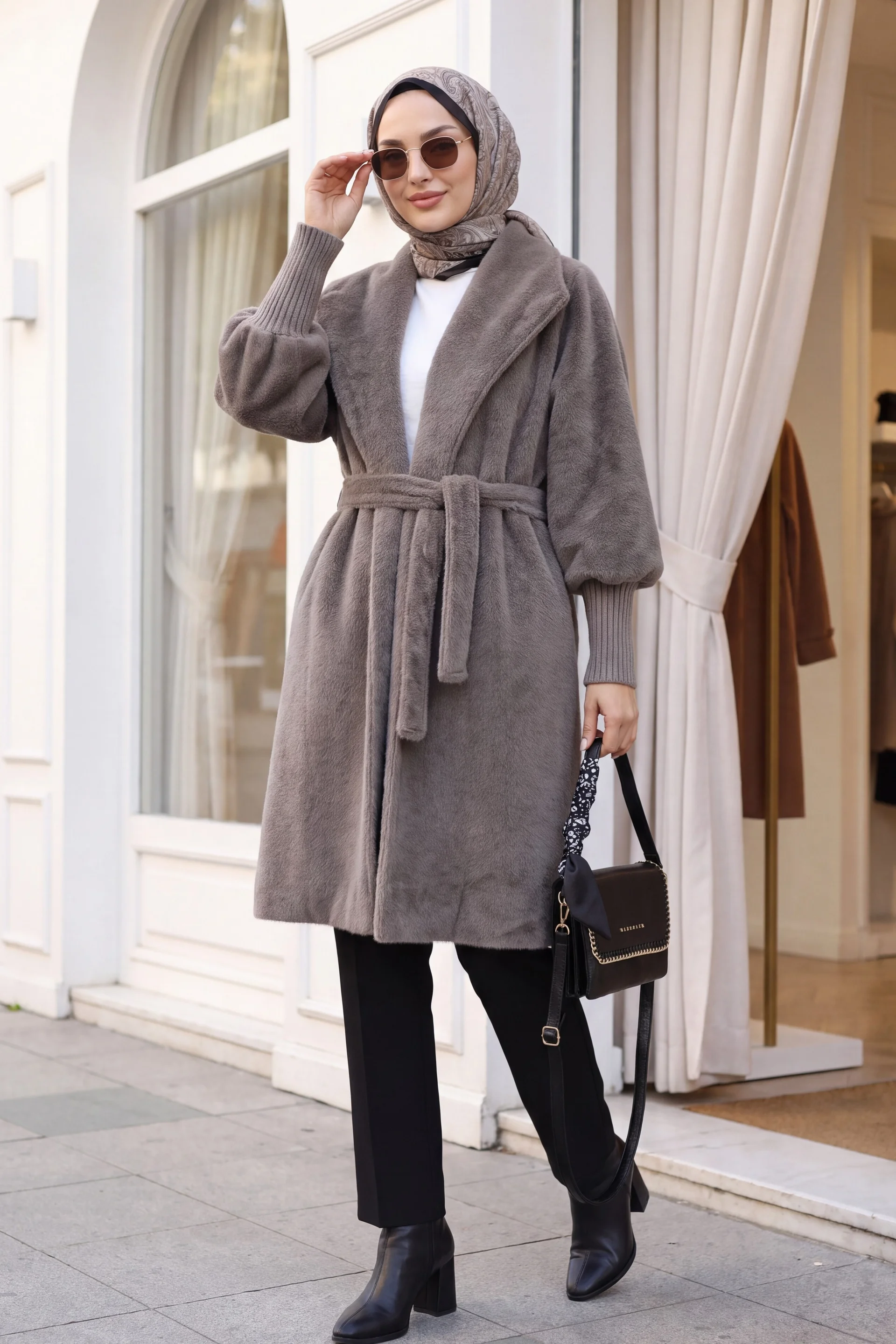 Shawl Collar Ribbed Sleeve Lined Faux Fur Cardigan - Mink - Podyumplus - by Peralane - photo 3