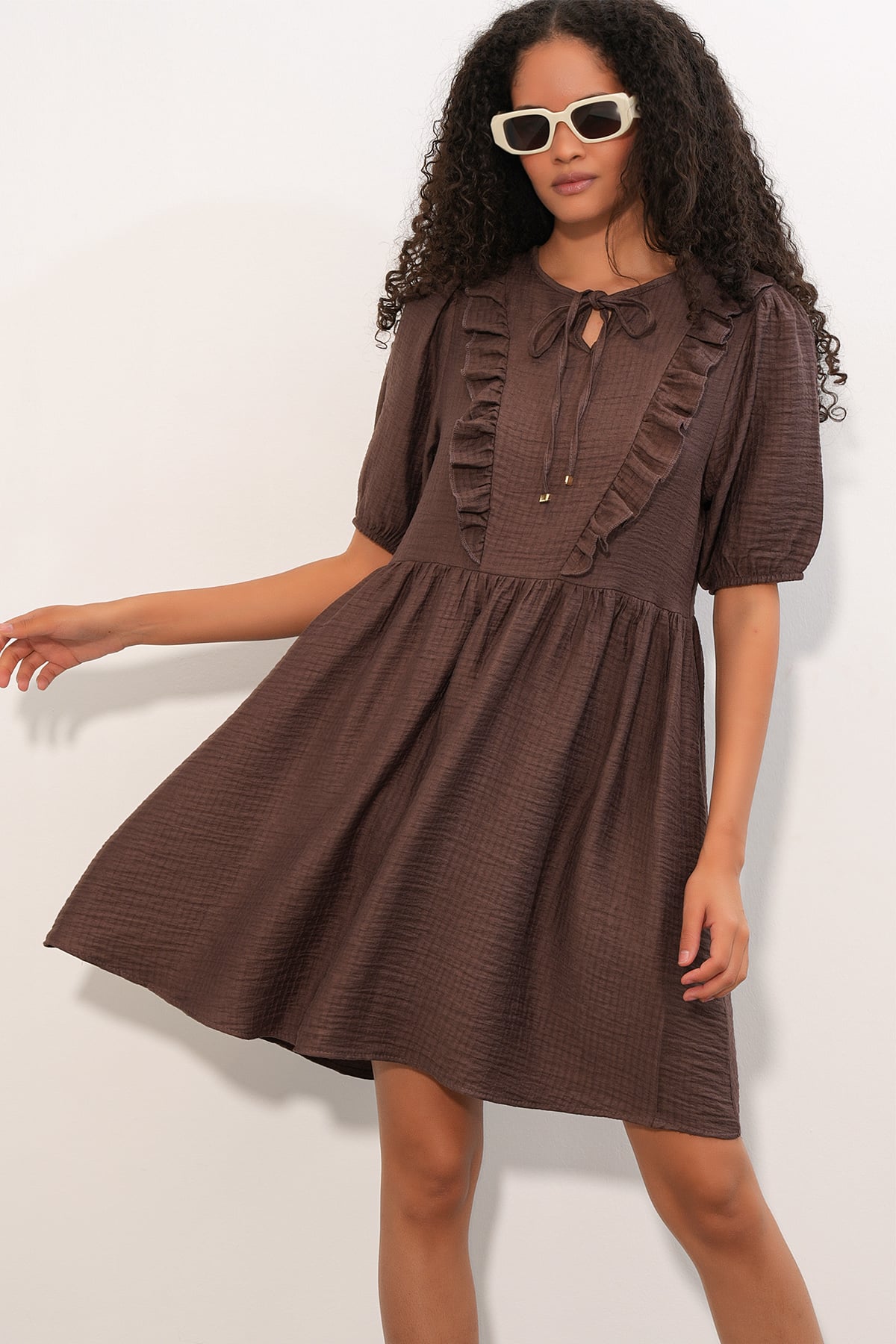 Womens Brown Short-Sleeve Tie-Front Ruched Dress - Bigdart - by Peralane - photo 6