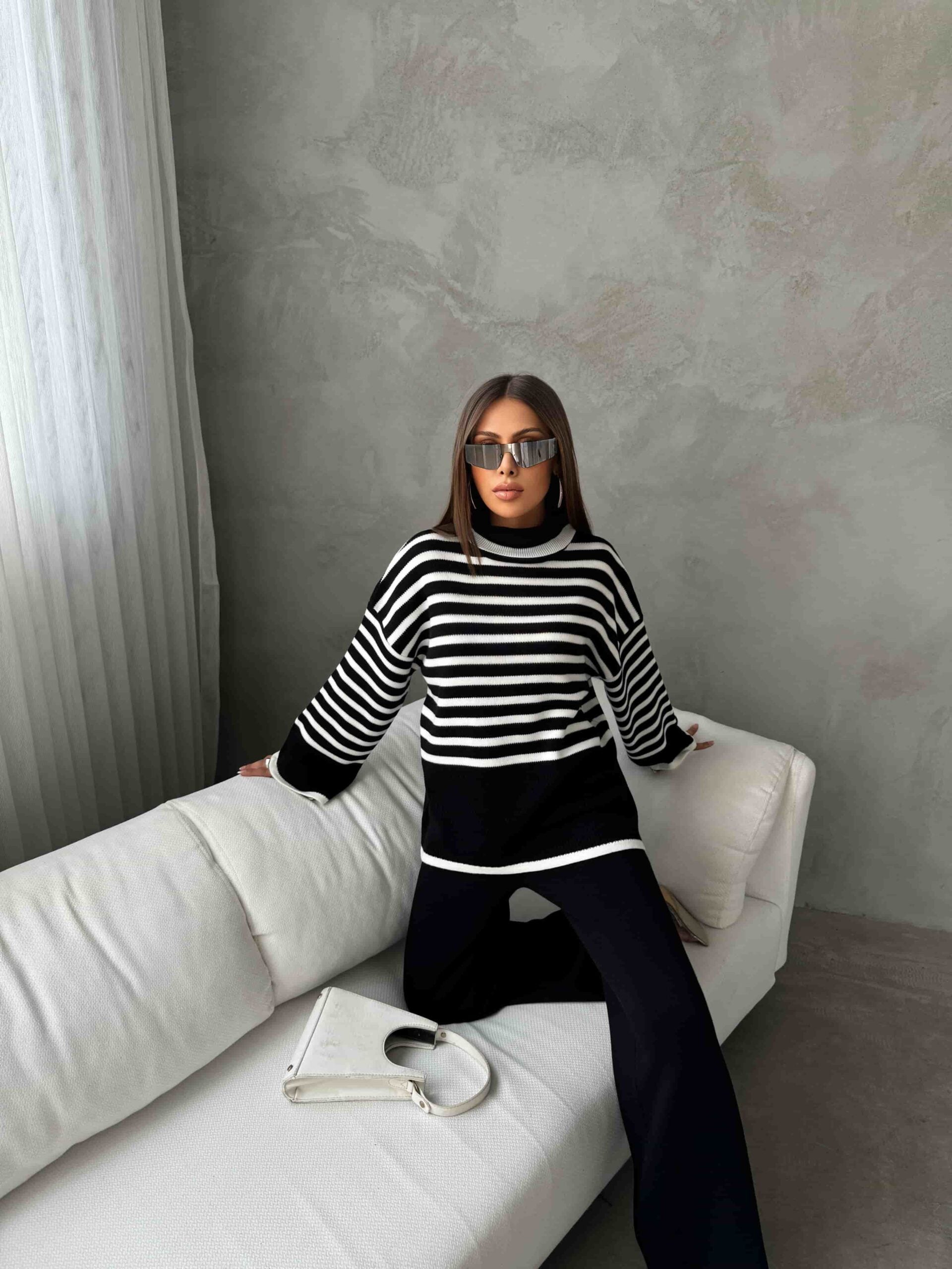 Black and White Striped Knit Sweater and Trousers Lounge Set - My Bee - by Peralane - photo 5