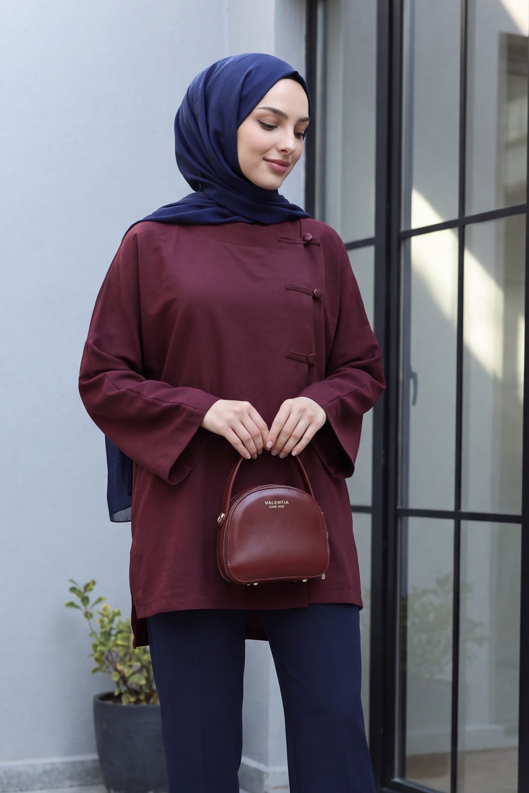 Round Neck Button Front Long Back Polyviscose Tunic - Deep Red - Podyumplus - by Peralane - photo 2