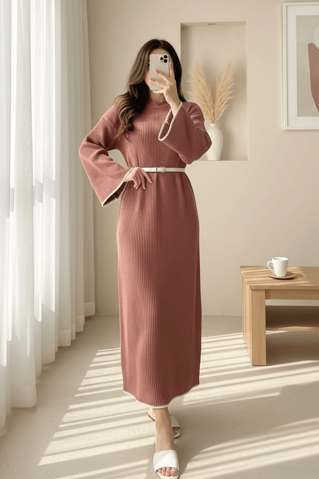 Embroidered Lace-Up Knit Dress - Dusty Rose - Podyumplus - by Peralane