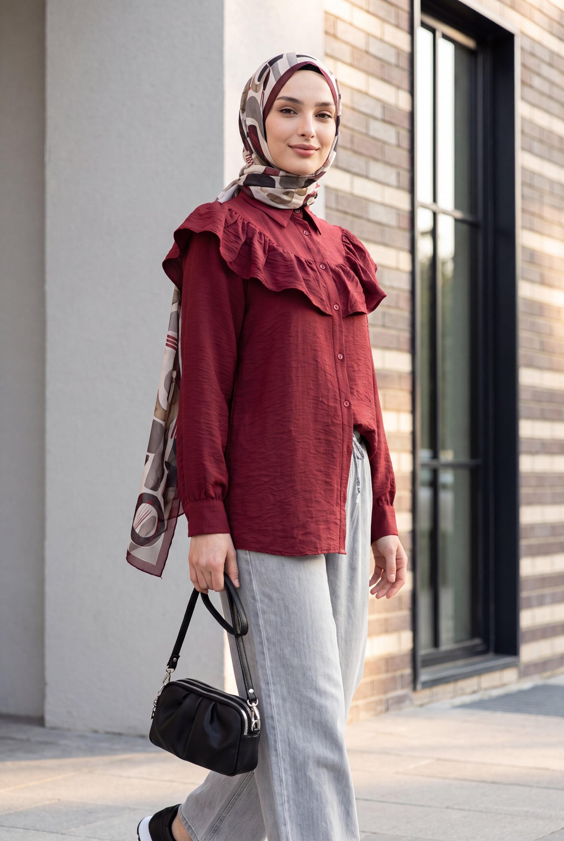 Ruffled Yoke Buttoned Rayon Tunic - Bordeaux - Podyumplus - by Peralane - photo 7