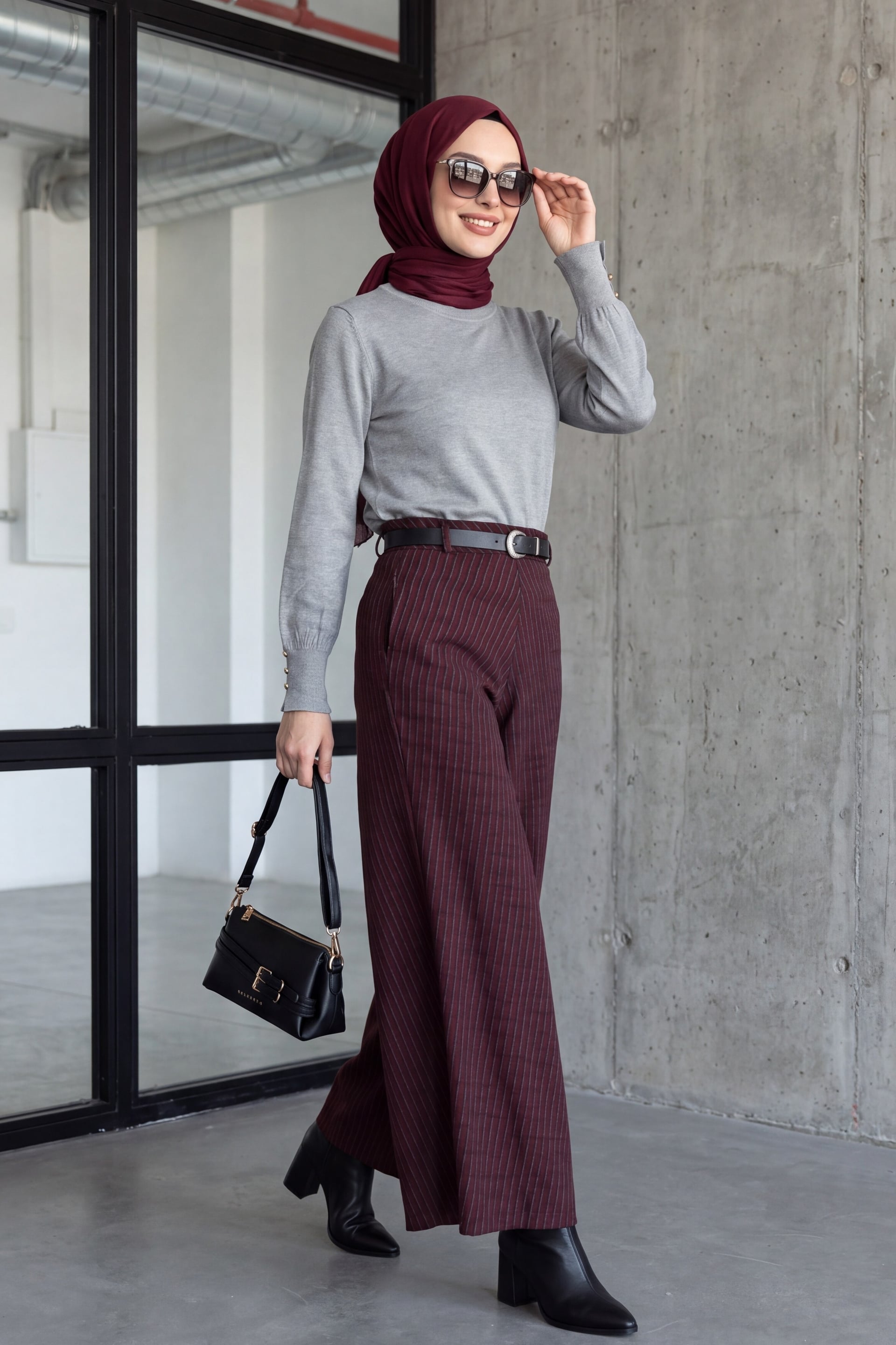 Women's Maroon Checked Wide-Leg Trousers with Belt and Elastic Waist - Podyumplus - by Peralane - photo 3