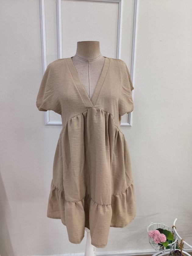 Women's Beige V-Neck Short Sleeve Flutter Sleeve Tiered Ruffle Dress - Janes - by Peralane - photo 4