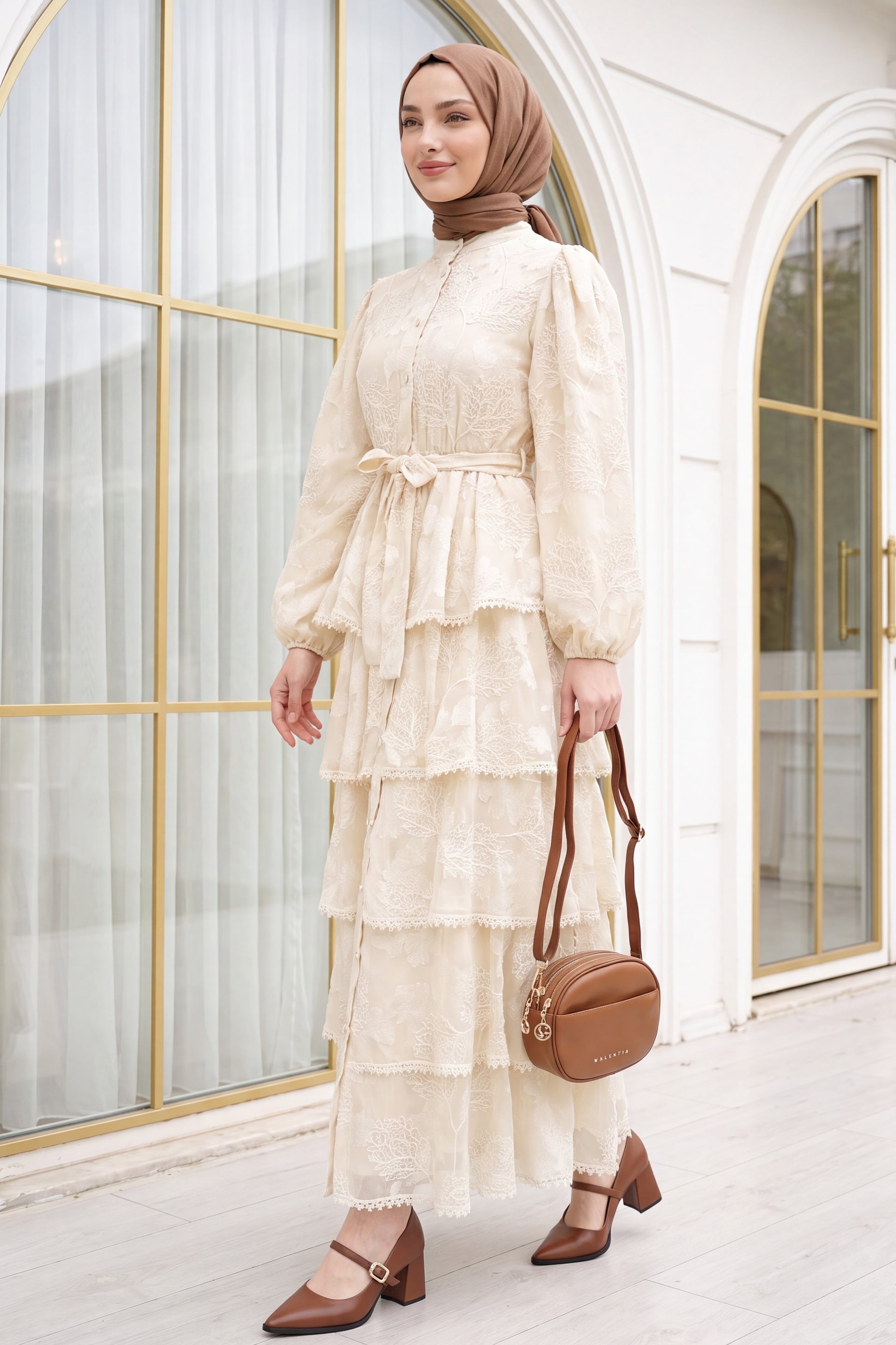 Beige Belted Lined Tiered Ruffled Print Chiffon Dress with Long Sleeves - Podyumplus - by Peralane