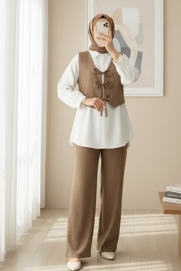 Women's Two-Piece Set with Bow-Tie Vest and Wide-Leg Trousers - Brown - Podyumplus - by Peralane - photo 2