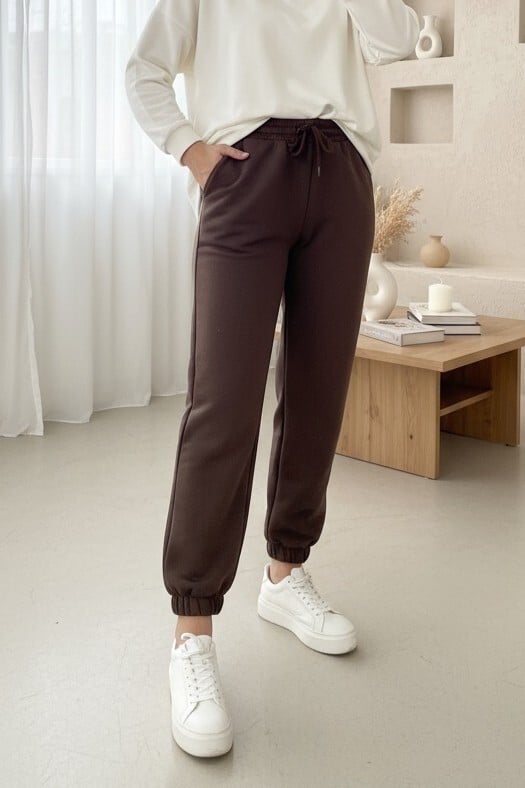Elasticated Waist Cuffed Fleece Jogger Pants - Brown - Podyumplus - by Peralane