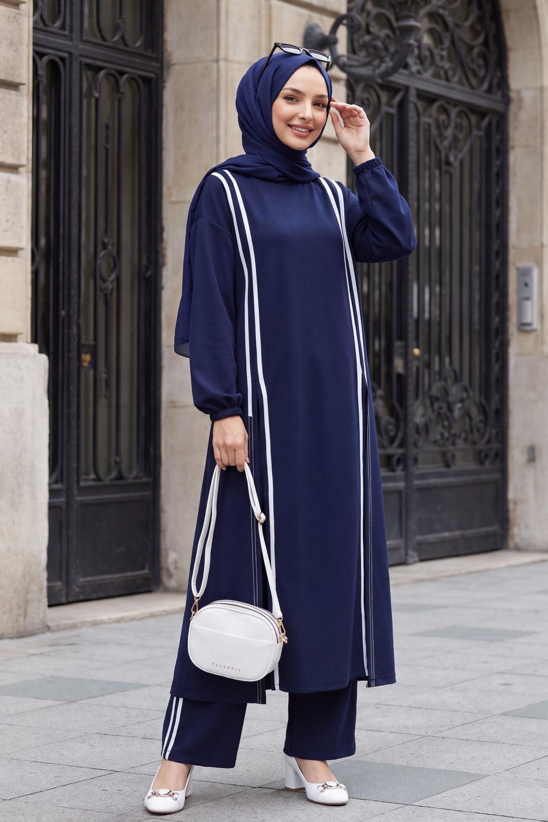 Navy Blue Striped Front-Slit Pantsuit Set - Podyumplus - by Peralane - photo 2
