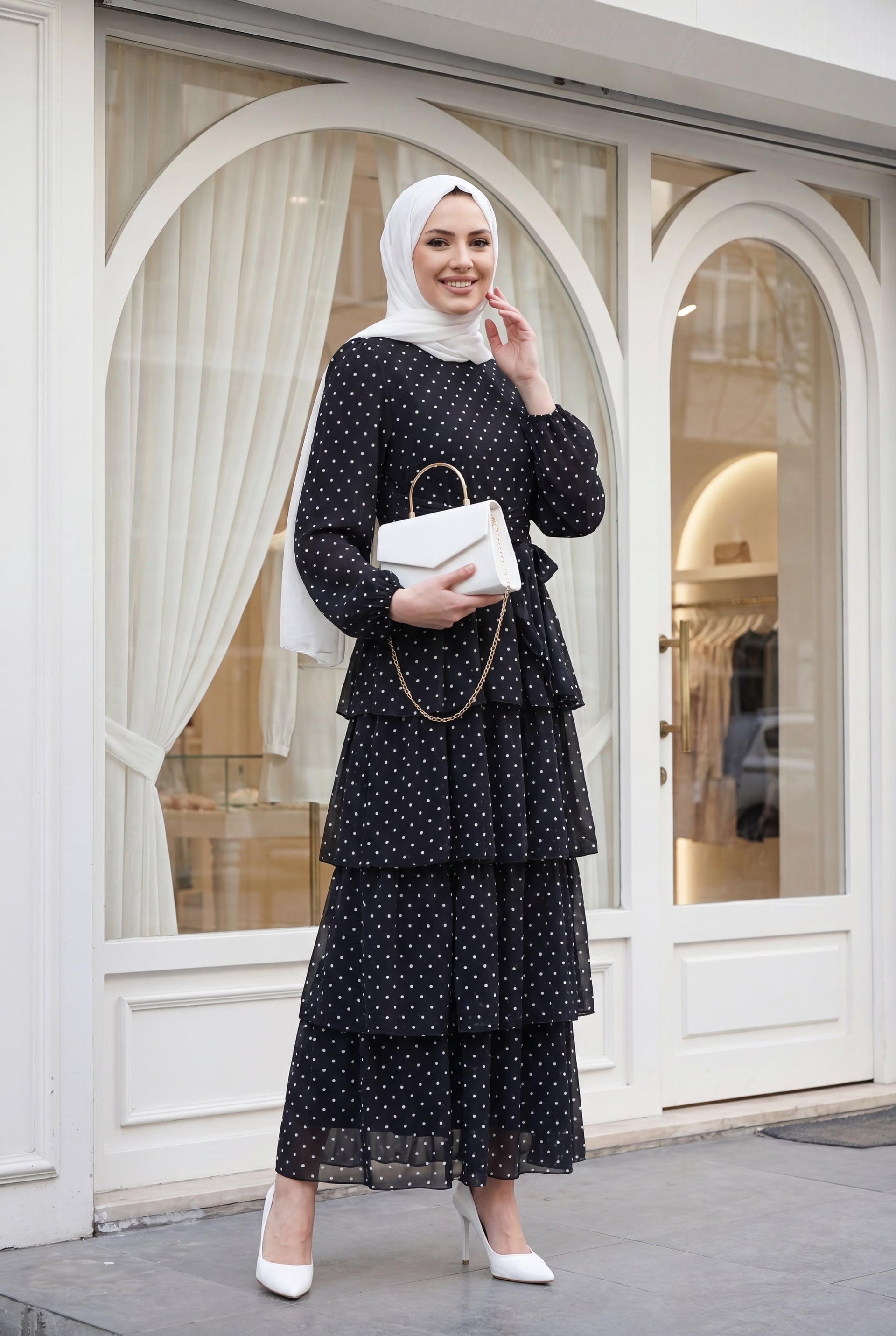 Tiered Polka Dot Chiffon Dress with Cross Tie Waist - Black - Podyumplus - by Peralane - photo 3