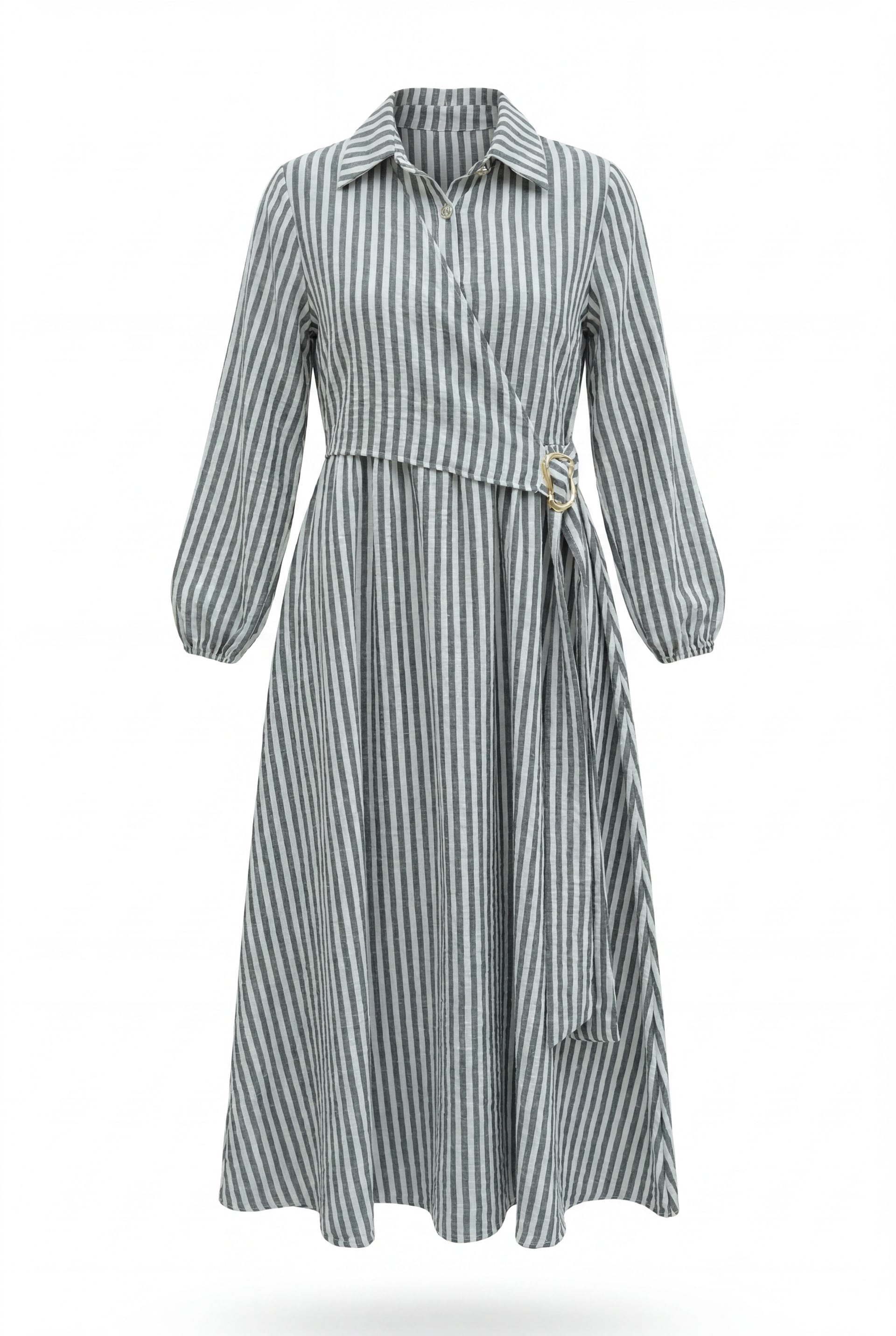 Striped Wrap Dress with Collar and Belt - Anthracite - Podyumplus - by Peralane - photo 2