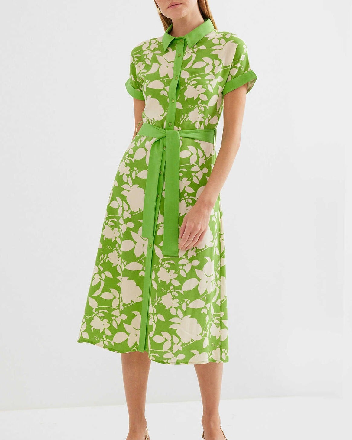 Green Floral Print Collared Midi Shirt Dress with Belt - Bigdart - by Peralane