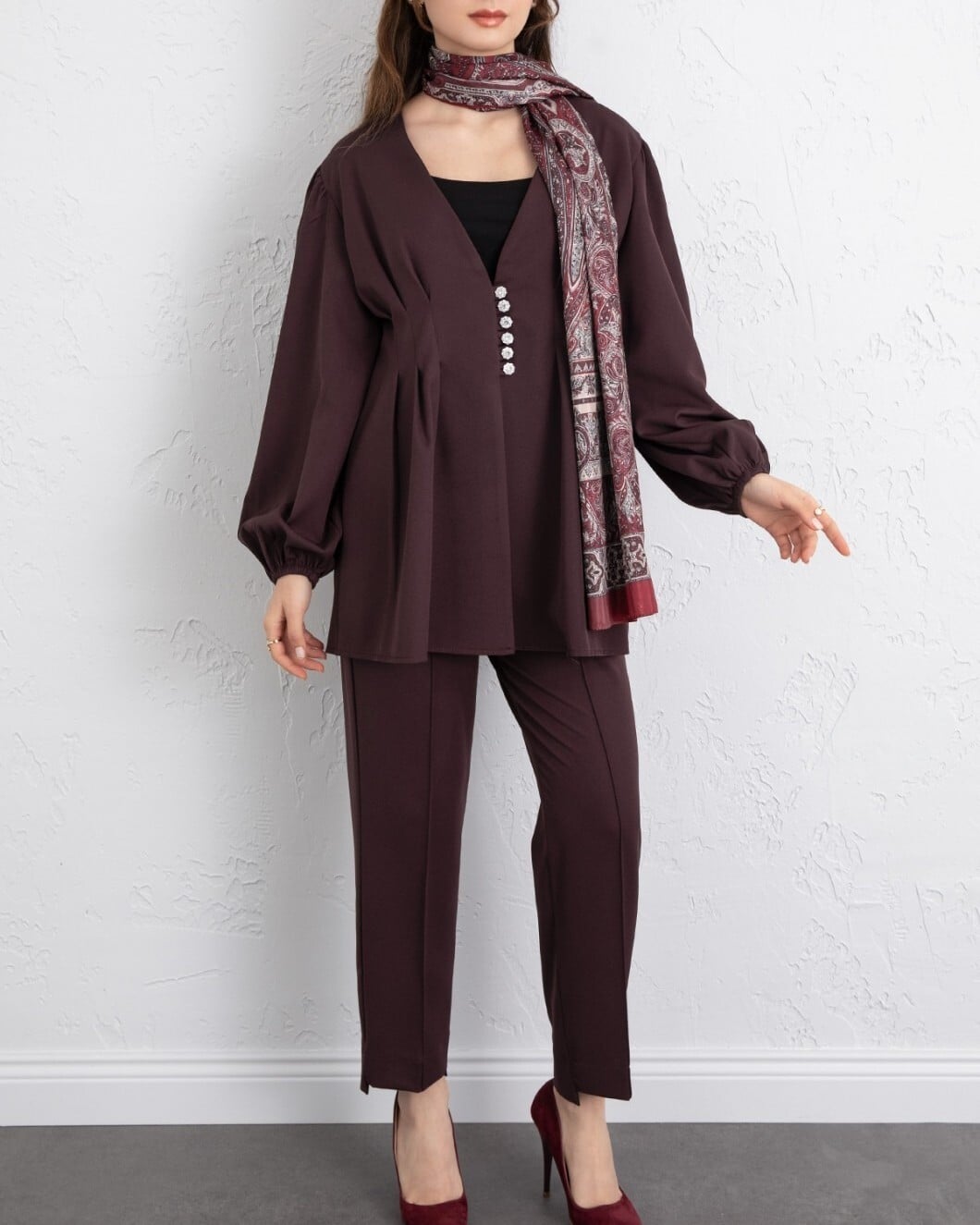 Jewel Button Tunic and Double Trousers Set - Dark Plum - Podyumplus - by Peralane - photo 4