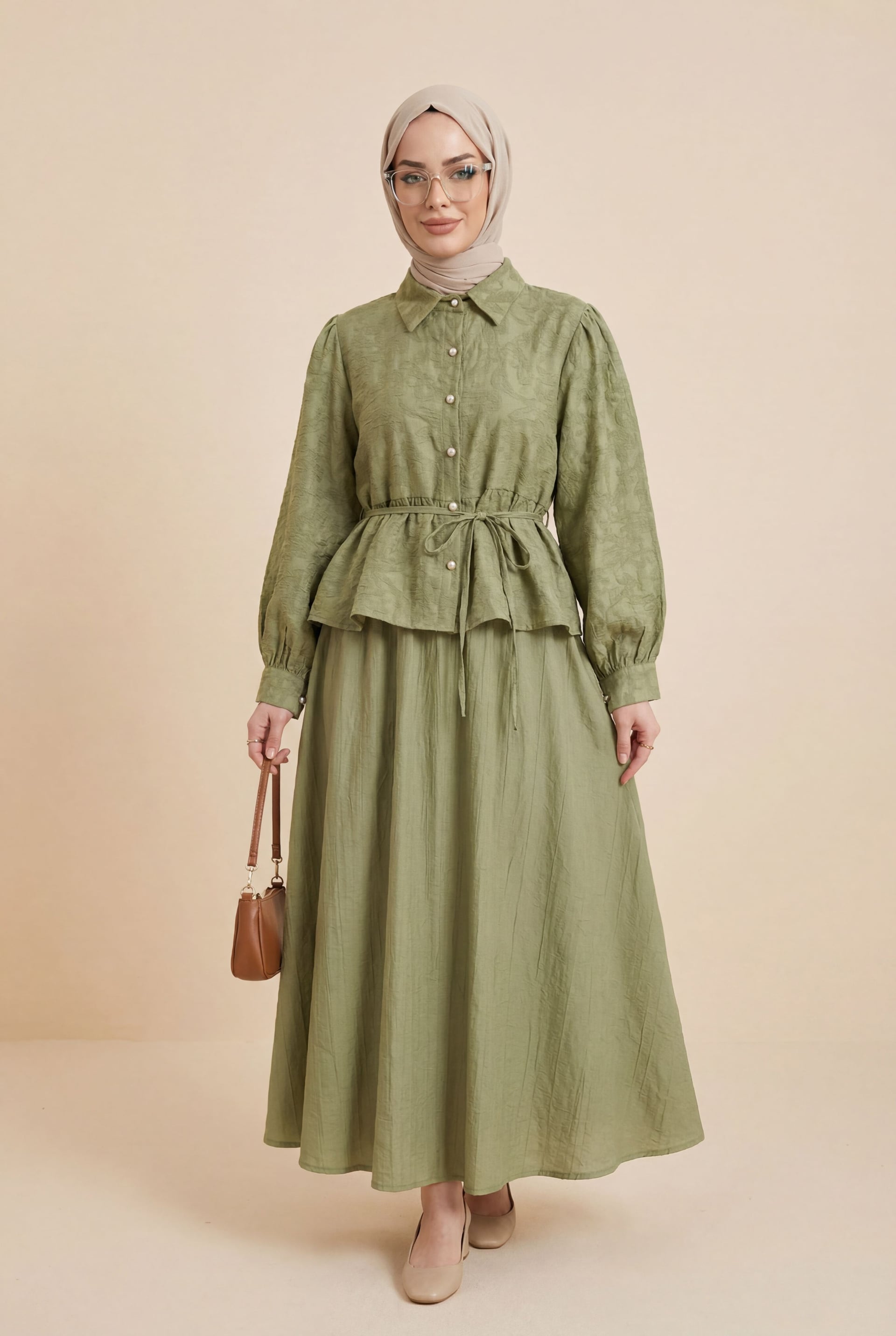 Olive Green Jacquart Co-ord Set with Embellished Buttons and Tie Waist - Podyumplus - by Peralane - photo 2