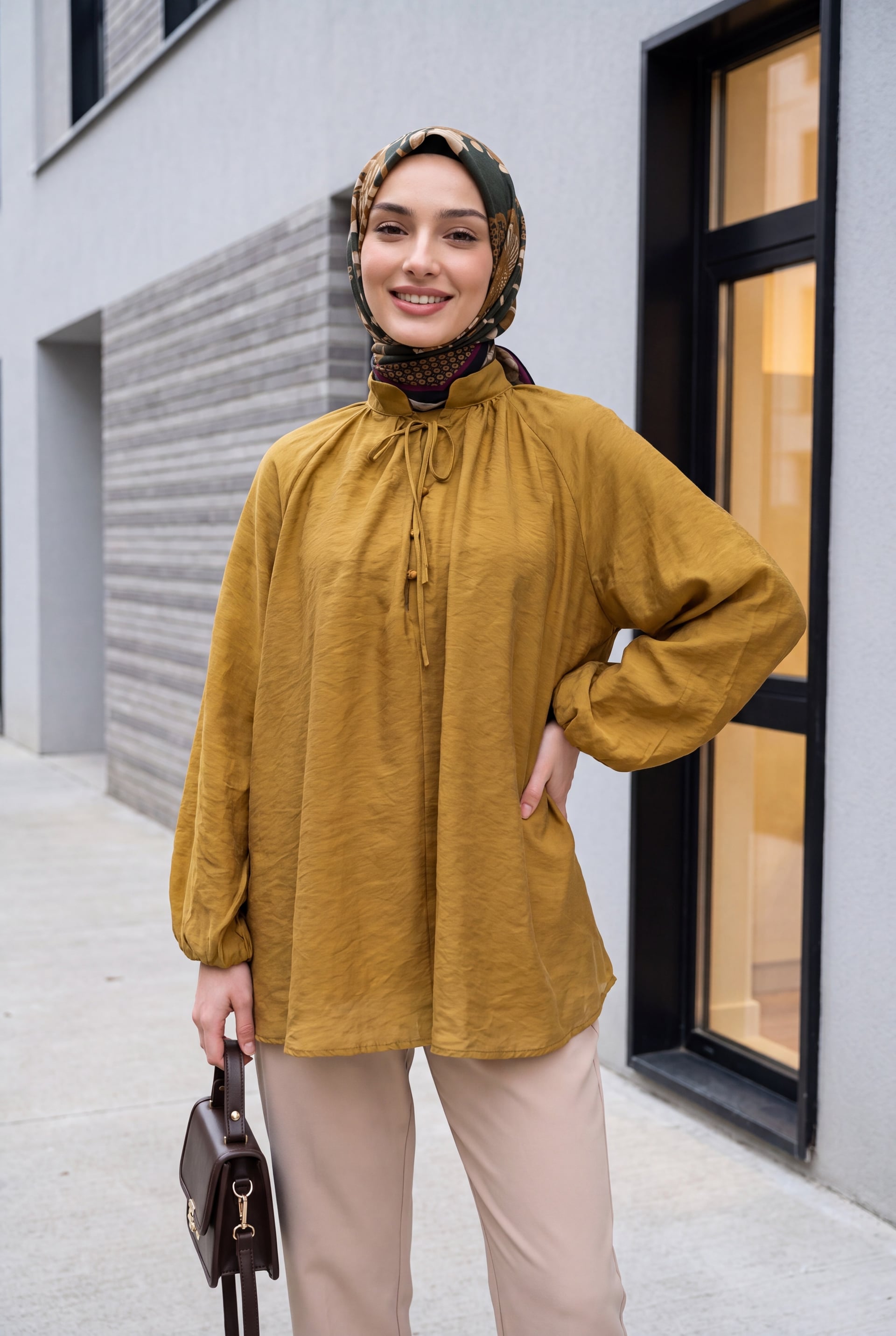Tie-Front Half-Button Lined Oversize Tulle Voile Blouse - Tan - Podyumplus - by Peralane