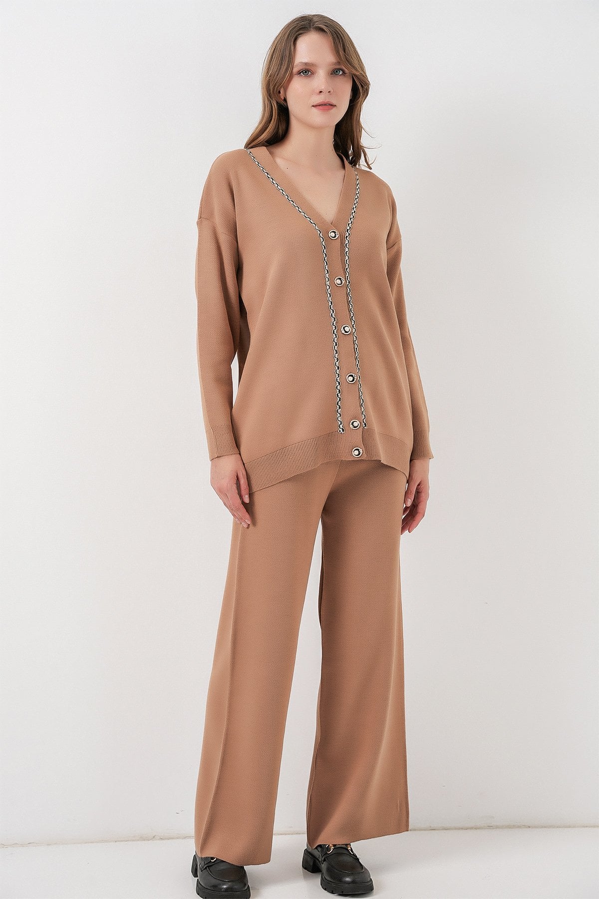 Women's Knit Cardigan and Wide-Leg Trousers Set - Brown - Bigdart - by Peralane - photo 5