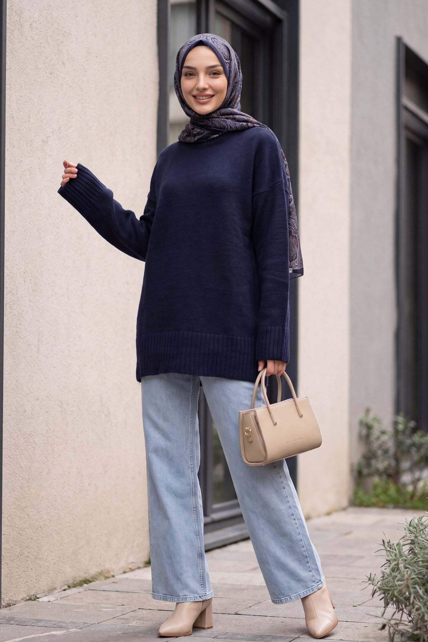 Ribbed Hem and Sleeve Relaxed Knit Tunic - Dark Navy - Podyumplus - by Peralane - photo 4