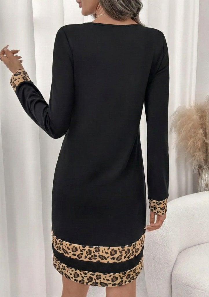 Women's Long Sleeve Crew Neck Mini Dress with Leopard Print Accents - Janes - by Peralane - photo 3