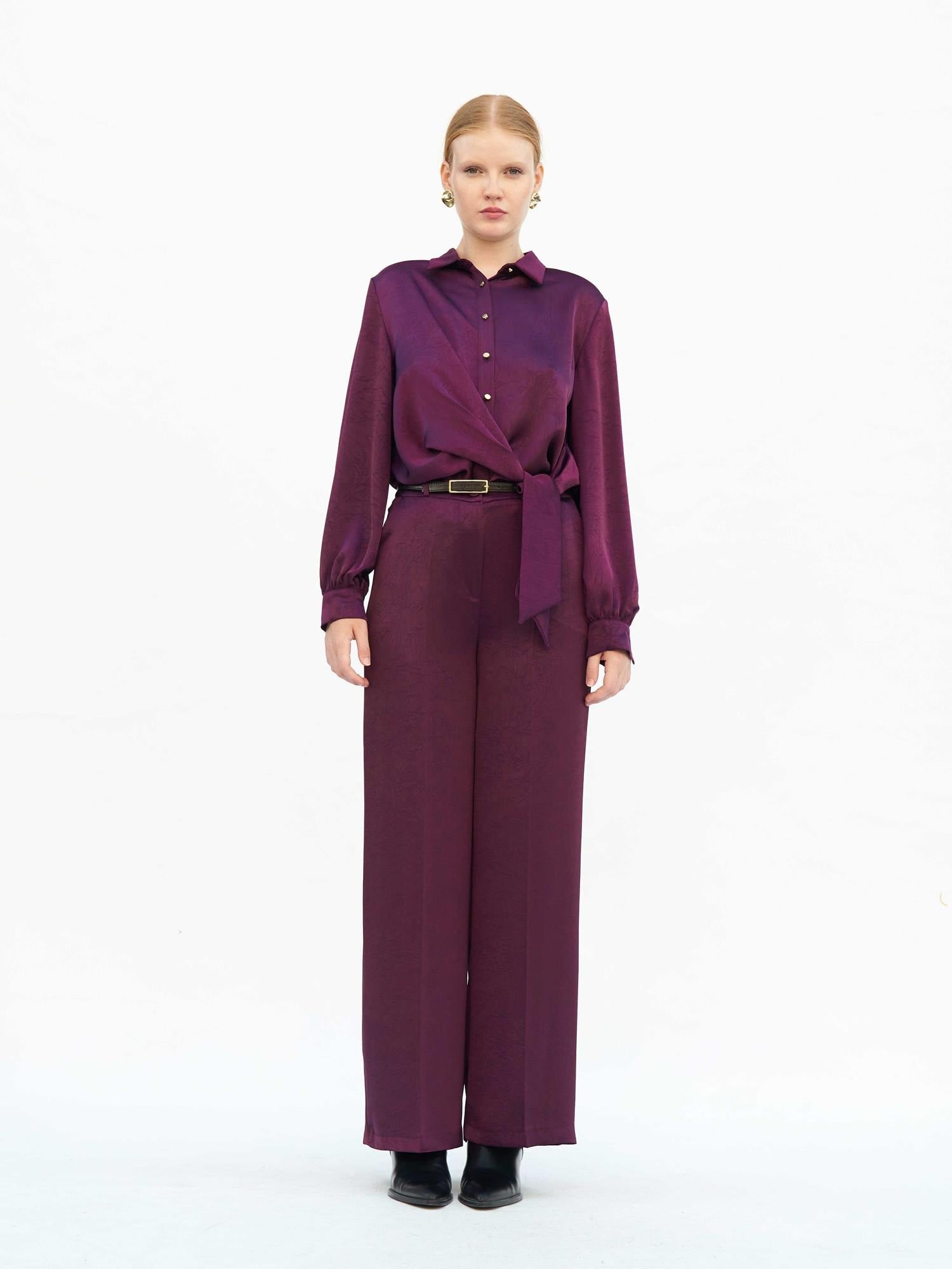 Plum Satin Wide-Leg Trousers with Belt - Lefon - by Peralane