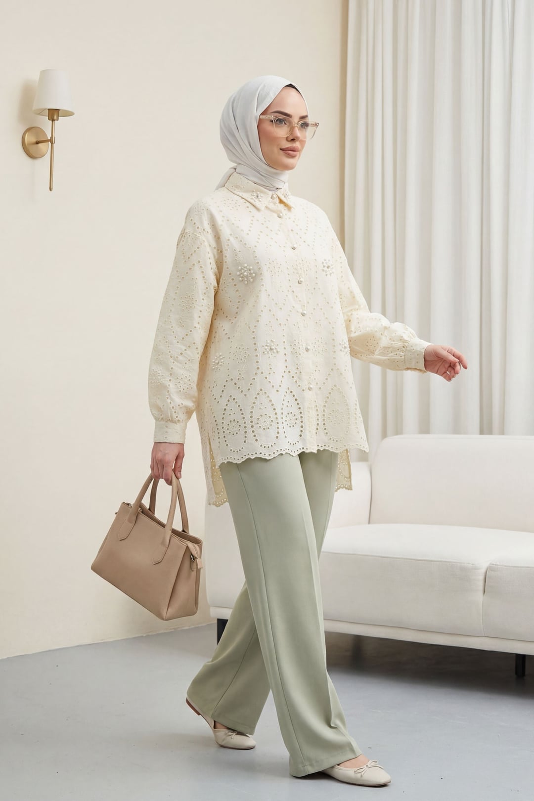 Pearl Detail Lined Scalloped Long Back Tunic - Beige - Podyumplus - by Peralane - photo 2