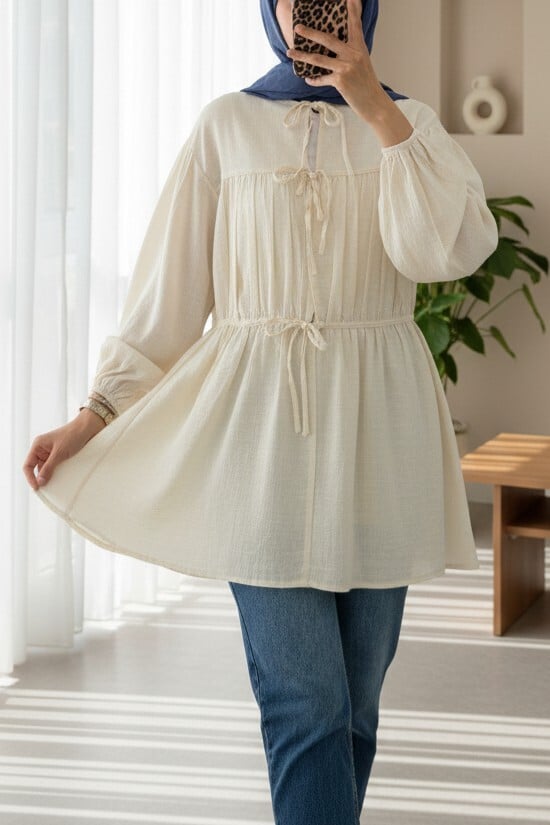 Front Tie Long Sleeve Tunic - Ecru - Podyumplus - by Peralane