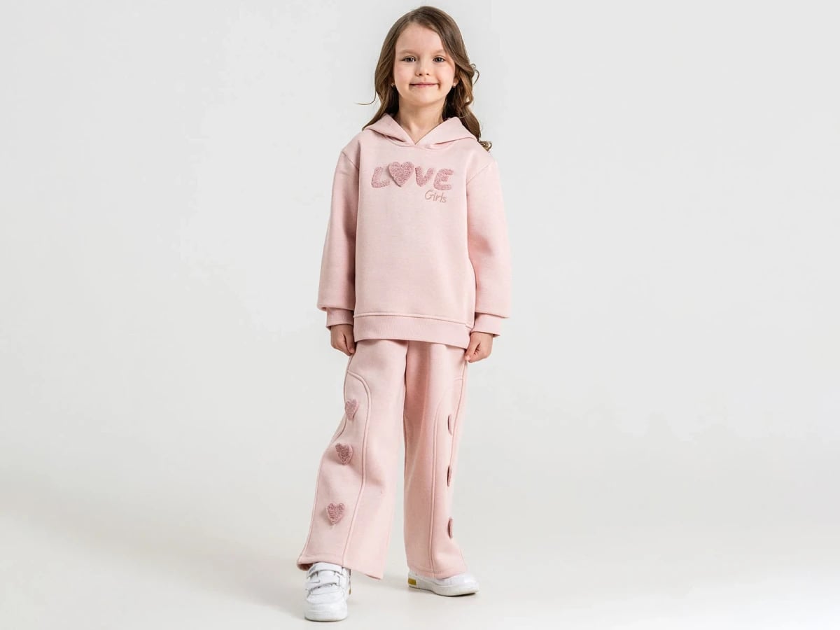 Girls' Hooded Sweatshirt and Jogger Set with Love Embroidery - Pink - Pampal Kids - by Peralane