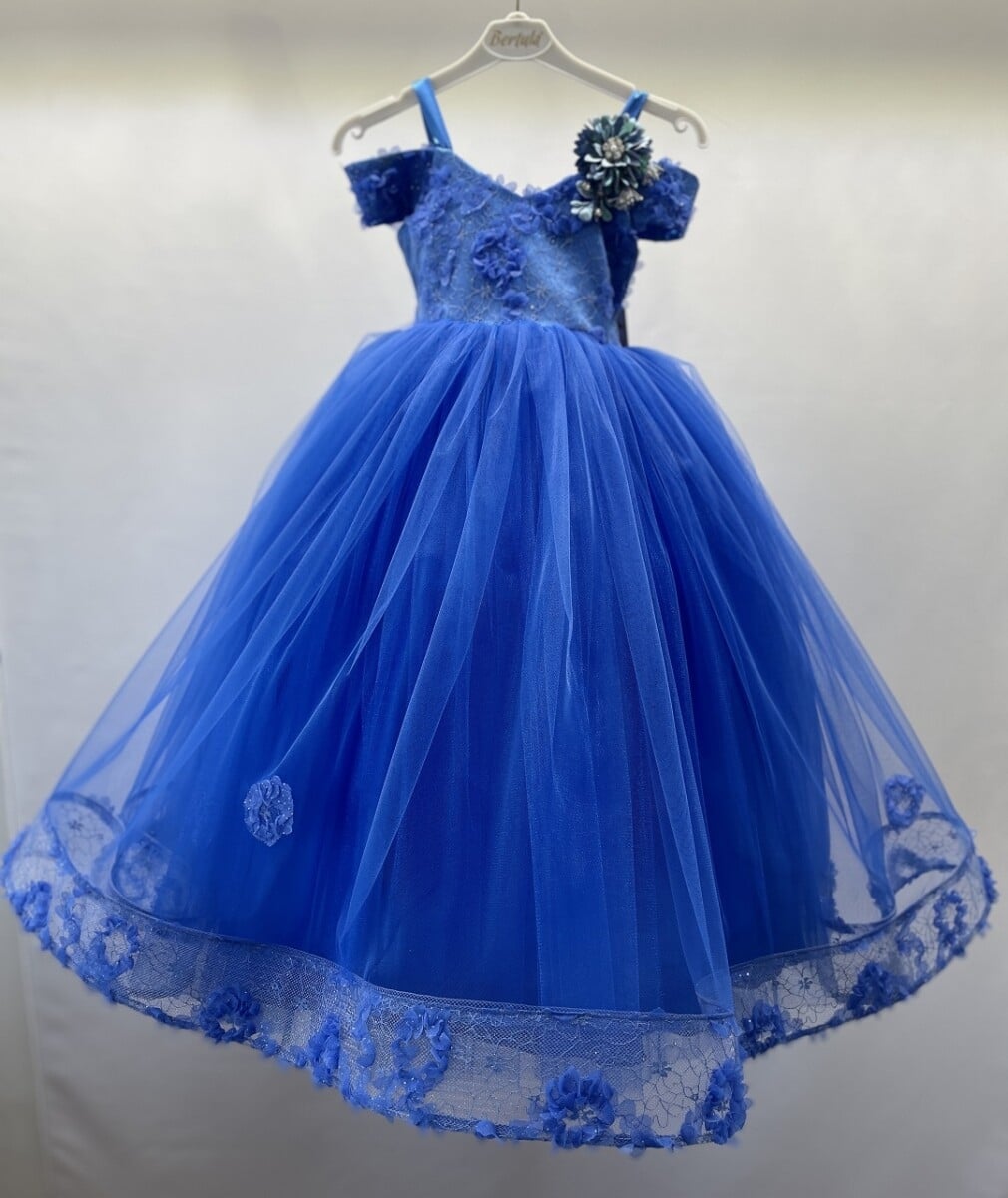 Girl's Tulle Party Dress with Floral Lace (4-8Y) - Royal Blue - Bertula Kids - by Peralane