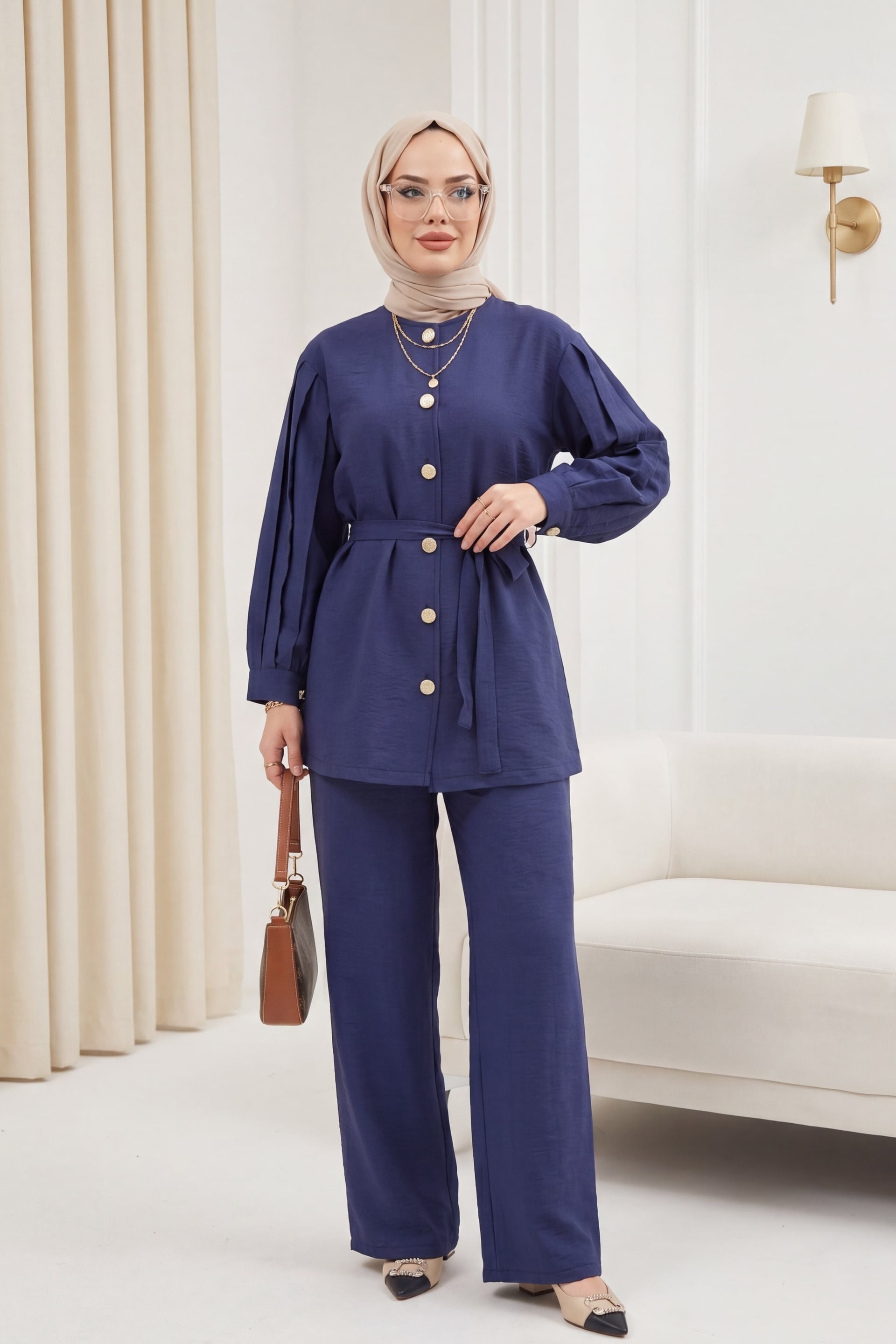 Navy Blue Watermelon Sleeve Belted Tunic and Wide-Leg Trousers Two-Piece Set - Podyumplus - by Peralane - photo 5